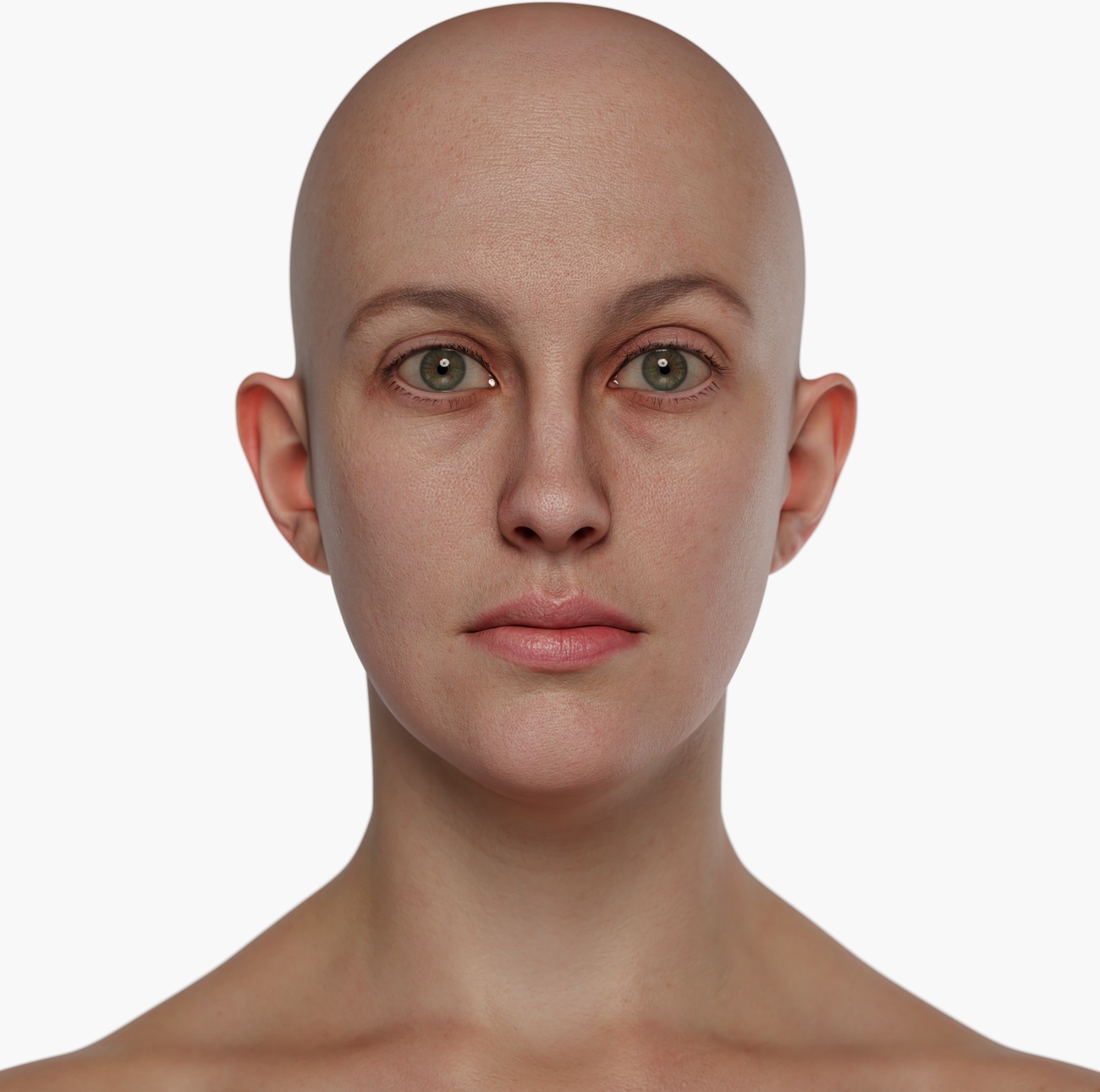 High-resolution 3D head scan render of a female subject showing skin surface detail and facial structure